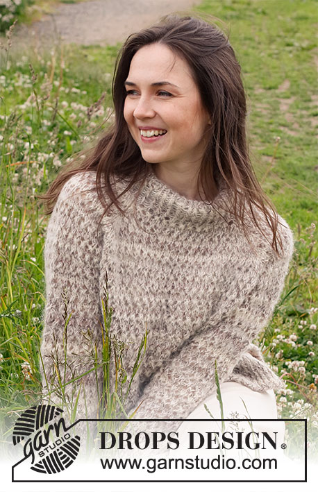 Luminous Sand / DROPS 232-37 - Knitted sweater in DROPS Fabel and DROPS Brushed Alpaca Silk. The piece is worked top down with raglan, double neck, lace pattern and split in the sides. Sizes S - XXXL.