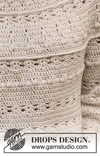 Sand Castle / DROPS 232-40 - Crocheted sweater in DROPS Cotton Light. The piece is worked top down, with round yoke, fan pattern and bobbles. Sizes S - XXXL.