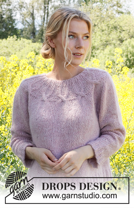 Sommerflørt / DROPS 232-41 - Knitted jumper in DROPS Soft Tweed and DROPS Kid-Silk. Piece is knitted top down with round yoke, ¾ sleeves and cables. Size: S - XXXL