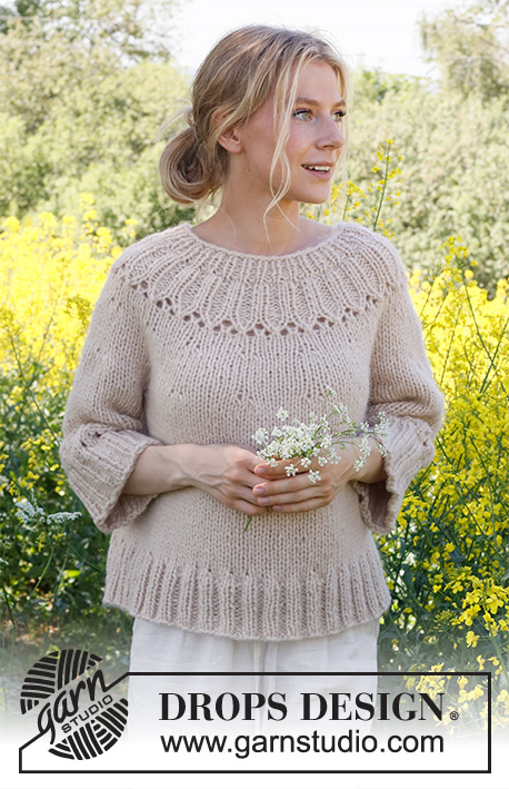 Harvest Wreath / DROPS 232-45 - Knitted jumper in DROPS Wish or 2 strands DROPS Air. Piece is knitted top down with round yoke, lace pattern and ¾ sleeves. Size: S - XXXL