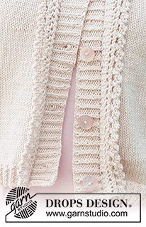 Evening Walk Cardigan / DROPS 232-48 - Rozpinany sweter na drutach, przerabiany od dołu do góry dżersejem, z krótkim rękawem i falbankami, z włóczki DROPS Cotton Merino. Od S do XXXL.