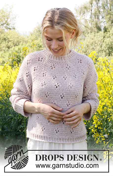 Sommarfin / DROPS 232-49 - Crocheted sweater in DROPS Air. The piece is worked top down, with round yoke and lace pattern. Sizes XS - XXL.