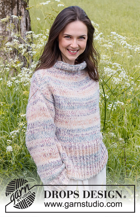 Dawn Mist / DROPS 232-50 - Knitted sweater in DROPS Fabel and DROPS Air. The piece is worked top down with increases on shoulders and stockinette stitch. Sizes S - XXXL.