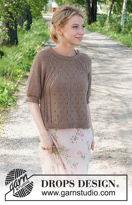 New Land / DROPS 232-9 - Knitted jumper in DROPS Belle. Piece is knitted top down with raglan, lace pattern, double edges and short sleeves. Size: S - XXXL
