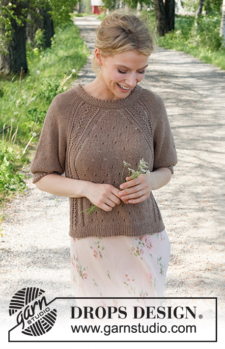 New Land / DROPS 232-9 - Knitted jumper in DROPS Belle. Piece is knitted top down with raglan, lace pattern, double edges and short sleeves. Size: S - XXXL
