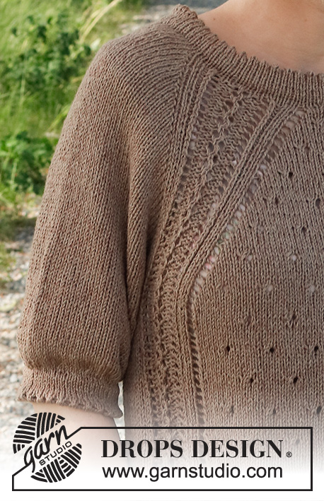New Land / DROPS 232-9 - Sweter na drutach, przerabiany od góry do dołu, z reglanowymi rękawami, ściegiem ażurowym, podwójnymi obszyciami i krótkim rękawem, z włóczki DROPS Belle. Od S do XXXL
