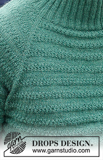 Green Harmony / DROPS 233-11 - Pulôver tricotado de cima para baixo para homem com cavas raglan, ponto texturado e gola dobrada. Do S ao XXXL.
