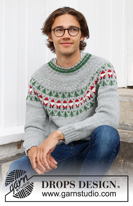Christmas Time Sweater / DROPS 233-12 - Knitted jumper for men in DROPS Karisma. The piece is worked top down, with round yoke and coloured pattern of Santa and Christmas tree. Sizes S - XXXL. Theme: Christmas.