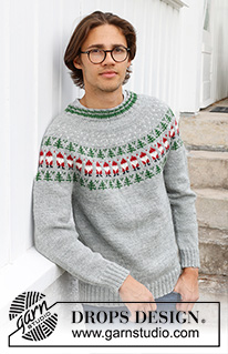 Christmas Time Sweater / DROPS 233-12 - Stickad tröja till herr i DROPS Karisma. Arbetet stickas uppifrån och ner med runt ok och flerfärgat mönster med tomte och gran. Storlek S - XXXL. Tema: Jul.