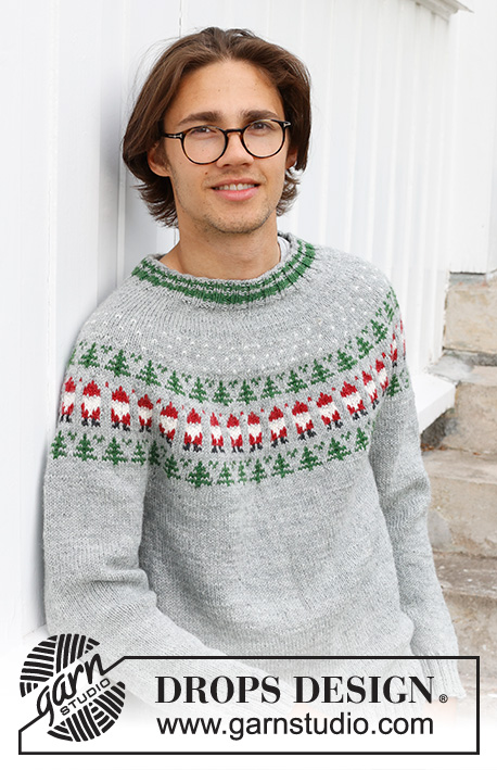 Christmas Time Sweater / DROPS 233-12 - Stickad tröja till herr i DROPS Karisma. Arbetet stickas uppifrån och ner med runt ok och flerfärgat mönster med tomte och gran. Storlek S - XXXL. Tema: Jul.