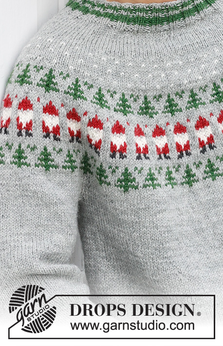 Christmas Time Sweater / DROPS 233-12 - Jersey de punto para hombre en DROPS Karisma. La pieza se teje de arriba hacia abajo, con canesú redondo y patrón de jacquard multicolor de Papá Noel y árbol de Navidad. Tallas S – XXXL. Tema: Navidad.