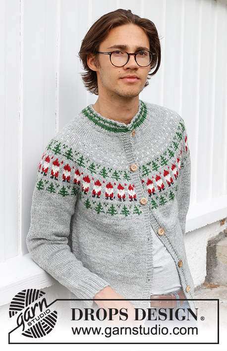 Christmas Time Cardigan / DROPS 233-13 - Knitted jacket for men in DROPS Karisma. The piece is worked top down, with round yoke and colored pattern of Santa and Christmas tree. Sizes S - XXXL. Theme: Christmas.