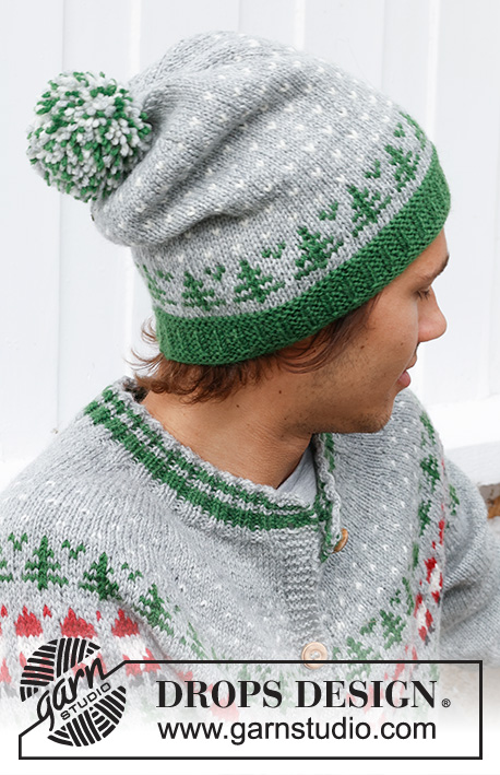 Christmas Time Hat / DROPS 233-14 - Bonnet tricoté pour homme en DROPS Karisma. Se tricote de bas en haut, en jacquard sapin de Noël. Thème: Noël.