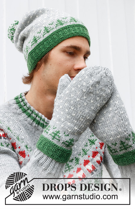 Christmas Time Mittens / DROPS 233-15 - Moufles tricotées pour homme en DROPS Karisma. Se tricotent de bas en haut avec jacquard sapin de Noël. Thème: Noël.
