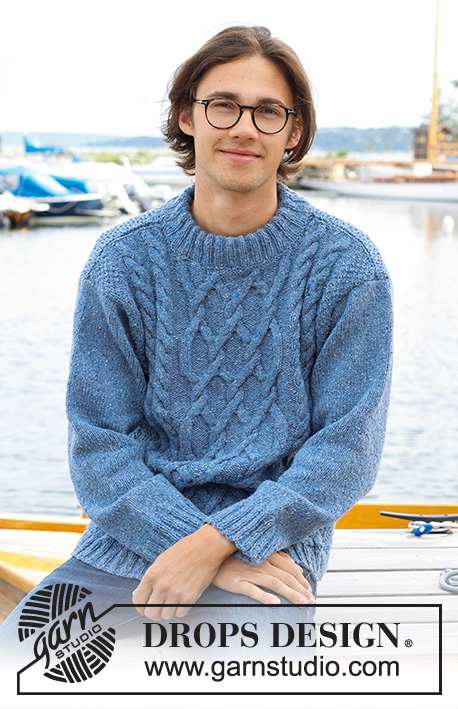 Sailor's Knots / DROPS 233-2 - Knitted sweater for men in DROPS Soft Tweed or DROPS Daisy. The piece is worked bottom up, with cables, double neck and sewn-in sleeves. Sizes S - XXXL