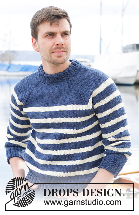 Meet the Captain / DROPS 233-22 - Pull tricoté de haut en bas pour homme, en DROPS Alaska. Se tricote avec emmanchures raglan, rayures et col doublé. Du S au XXXL.