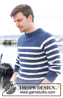 Meet the Captain / DROPS 233-22 - Pull tricoté de haut en bas pour homme, en DROPS Alaska. Se tricote avec emmanchures raglan, rayures et col doublé. Du S au XXXL.