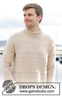 Variety / DROPS 233-24 - Knitted sweater for men in DROPS Lima or DROPS Karisma. The piece is worked top down, with European/diagonal shoulders, relief pattern and double neck. 
Sizes S - XXXL.