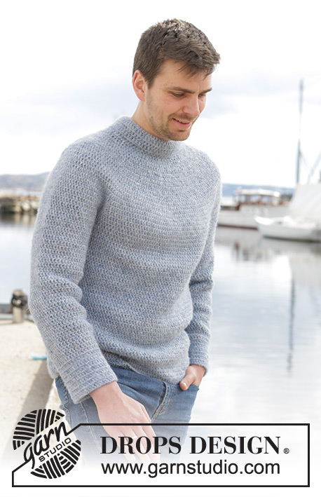 Keel Over / DROPS 233-25 - Crocheted jumper for men in DROPS Air. The piece is worked top down, with round yoke and double neck. Sizes S - XXXL.