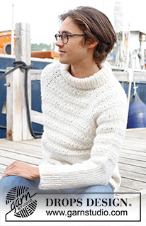 Misty Lines / DROPS 233-4 - Knitted jumper for men in DROPS Wish or 2 strands DROPS Air. The piece is worked top down with double neck, raglan and relief-pattern. Sizes S - XXXL.