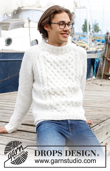 Cream Wafer / DROPS 233-5 - Knitted jumper for men in DROPS Air. The piece is worked top down with raglan, double neck, cables and moss stitch. Sizes S - XXXL.
