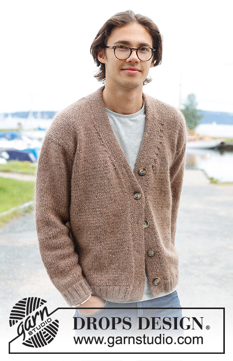 Tweed Casual / DROPS 233-9 - Knitted jacket for men in DROPS Soft Tweed and DROPS Kid-Silk. The piece is worked bottom up with V-neck and double bands. Sizes S - XXXL.