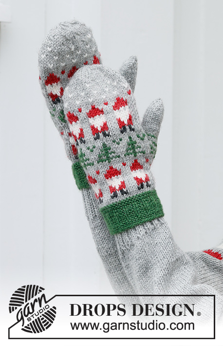 Christmas Time Mittens / DROPS 234-61 - Moufles tricotées en DROPS Karisma. Se tricotent de bas en haut avec jacquard Père Noël et sapin de Noël. Thème: Noël.