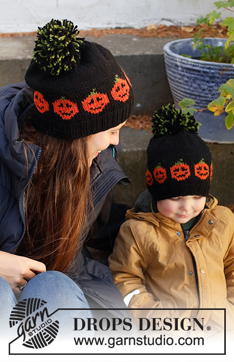 Pumpkin Bits Hat / DROPS 234-72 - Bonnet tricoté pour femme avec jacquard citrouille, en DROPS Nepal. Du S au XL. Thème: Halloween.