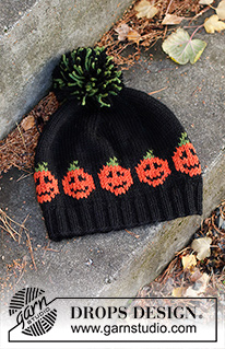 Pumpkin Bits Hat / DROPS 234-72 - Naisen neulottu myssy DROPS Nepal-langasta. Työssä on kurpitsakuvio. Koot S-XL. Teema: Halloween.