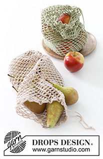 Seasonal Fruit / DROPS 234-77 - Saco rede grande em croché para fruta e legumes, em DROPS Safran. Crocheta-se em ponto rendado. Tema: Natal