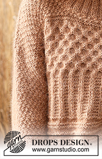 Cracked Walnuts Sweater / DROPS 235-1 - Gebreide trui in DROPS Kid-Silk en DROPS Puna / DROPS Merino Extra Fine. Het werk wordt van onder naar boven gebreid met structuurpatroon, ribbels, kabels, dubbele hals en boordsteek. Maat XS – XXL.