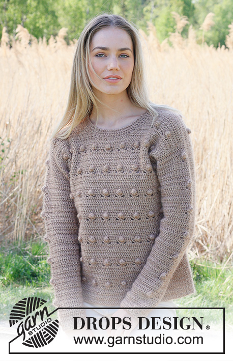 Coconut Grove / DROPS 235-15 - Crocheted jumper in DROPS Alpaca and DROPS Kid-Silk. The piece is worked bottom up, with bobble-pattern. Sizes XS - XXL.
