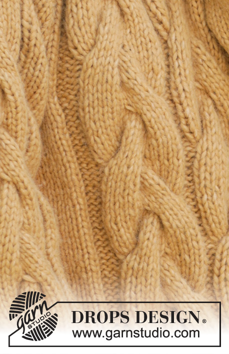 Golden Hour / DROPS 235-21 - Gebreide trui in DROPS Wish. Het werk wordt van onder naar boven gebreid met kabels, hoge hals en split in de zijkanten. Maten S - XXXL.