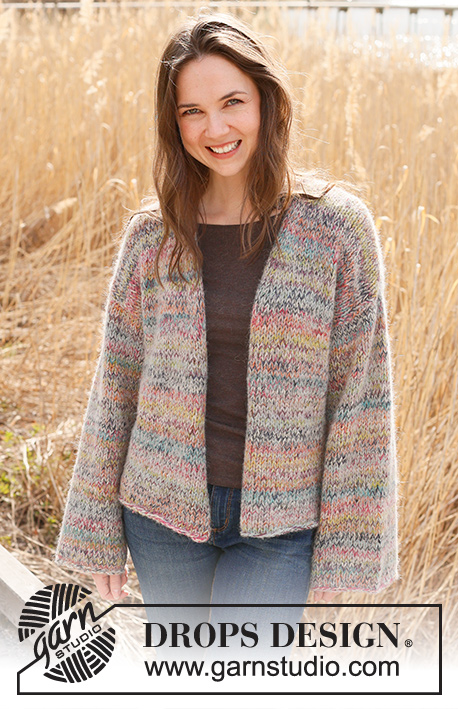 Sparkling Sunrise Cardigan / DROPS 235-35 - Knitted basic jacket in 1 strand DROPS Brushed Alpaca Silk and 2 strands DROPS Fabel. The piece is worked bottom up in stockinette stitch. Sizes XS - XXL.