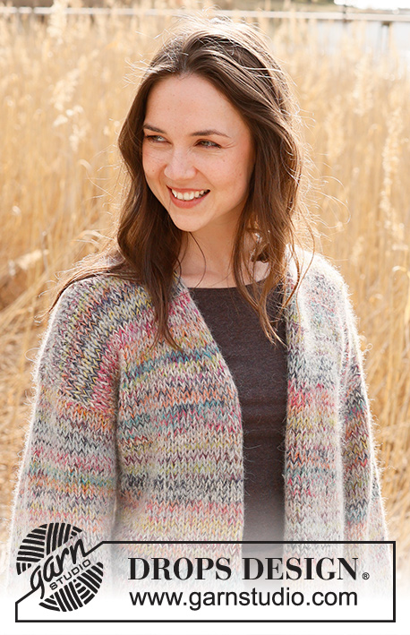 Sparkling Sunrise Cardigan / DROPS 235-35 - Knitted basic jacket in 1 strand DROPS Brushed Alpaca Silk and 2 strands DROPS Fabel. The piece is worked bottom up in stockinette stitch. Sizes XS - XXL.