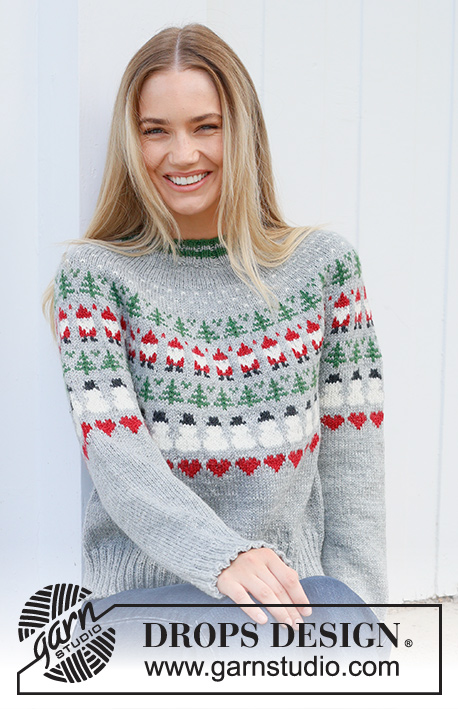 Christmas Time Sweater / DROPS 235-39 - Pulovr s kruhovým sedlem s norským vzorem se skřítkem Santou, vánočním stromečkem, sněhulákem a srdíčky pletený shora dolů z příze DROPS Karisma. Velikost S - XXXL. Motiv: Vánoce.