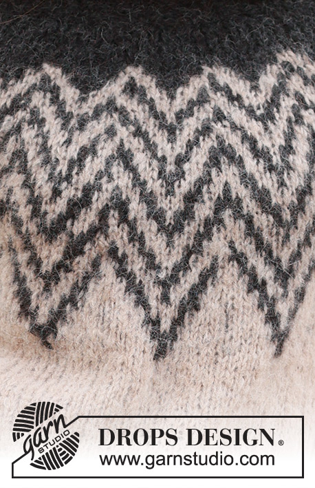 Inverted Peaks Sweater / DROPS 235-4 - Sweter na drutach, przerabiany od góry do dołu, z włóczki DROPS Melody, z podwójnym wykończeniem dekoltu, zaokrąglonym karczkiem i żakardem. Od S do XXXL.