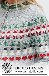 Christmas Time Cardigan / DROPS 235-40 - Gestrickte Jacke in DROPS Karisma. Die Arbeit wird von oben nach unten mit Rundpasse und mehrfarbigem Muster mit Weihnachtswichteln, Tannen, Schneemännern und Herzen gestrickt. Größe S - XXXL. Thema: Weihnachten.