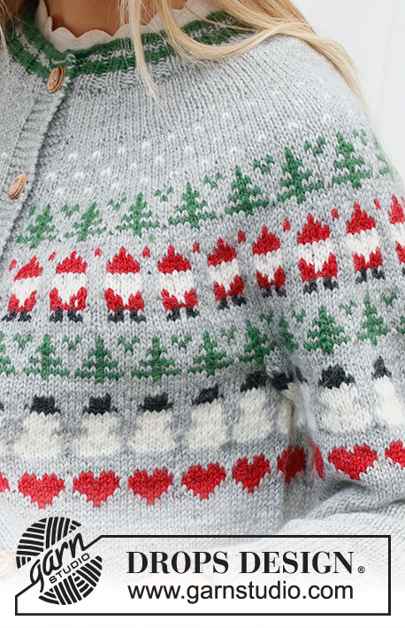 Christmas Time Cardigan / DROPS 235-40 - Knitted jacket in DROPS Karisma. The piece is worked top down, with round yoke and colored pattern of Santa, Christmas tree, snowman and heart. Sizes S - XXXL. Theme: Christmas.