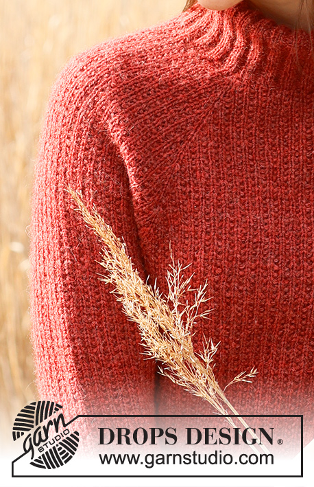 Warm Blush / DROPS 235-6 - Sweter na drutach, przerabiany od góry do dołu, z podwójnym wykończeniem dekoltu, reglanowymi rękawami i wzorem ziarna piasku, z włóczki DROPS Sky. Od S do XXXL