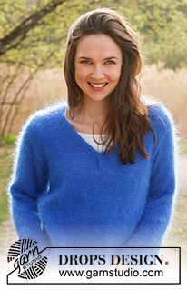 Cornflower Blues / DROPS 236-10 - Knitted jumper in 3 strands DROPS Kid-Silk or 1 strand DROPS Melody. Piece is knitted bottom up in stocking stitch with V-neck. Size: S - XXXL