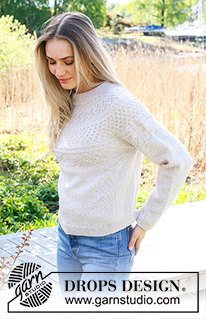 Miss Summerbee Sweater / DROPS 236-2 - Knitted jumper in DROPS Flora. The piece is worked top down with double neck, round yoke and relief-pattern on the yoke. Sizes S - XXXL.