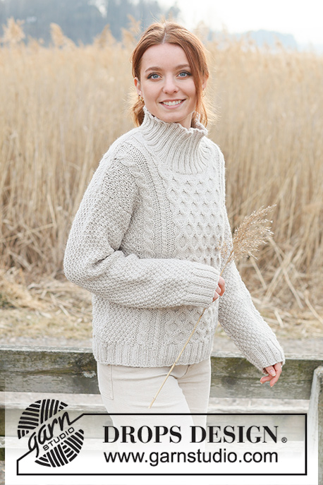 Sweet Honeycomb Jumper / DROPS 237-11 - Knitted sweater in DROPS Alaska. Knitted bottom up with high collar, honeycomb pattern, double moss stitch and cables. Size: S - XXXL