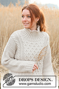 Sweet Honeycomb Jumper / DROPS 237-11 - Knitted jumper in DROPS Alaska. Knitted bottom up with high collar, honeycomb pattern, double moss stitch and cables. Size: S - XXXL