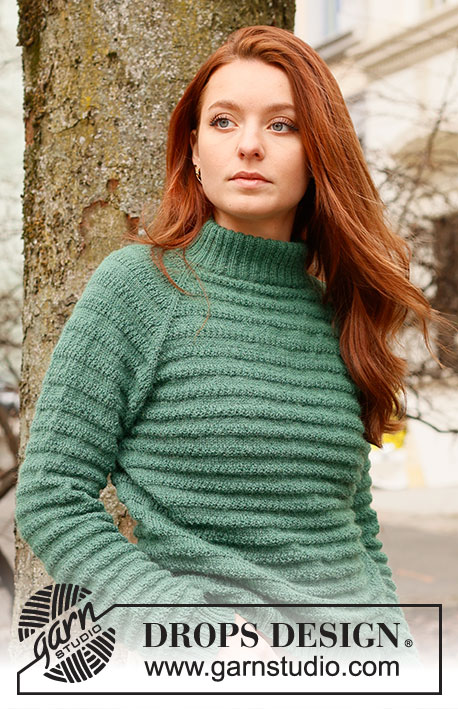Green Harmony / DROPS 237-23 - Knitted jumper in DROPS Nord. The piece is worked top down with raglan, textured pattern and double neck. Sizes S - XXXL.