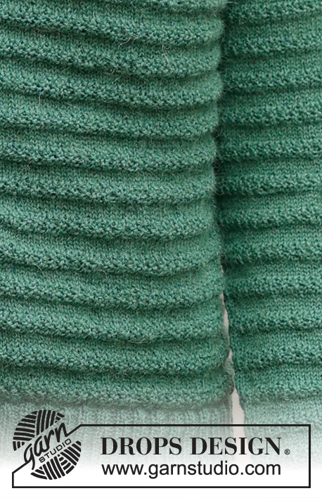 Green Harmony / DROPS 237-23 - DROPS Nord lõngast ülevalt alla kootud tekstuurse mustriga, raglaan varrukatega ja topeltkaelusega džemper suurustele S kuni XXXL