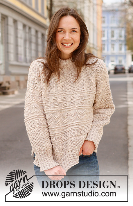 Around Town / DROPS 237-7 - Knitted jumper in DROPS Alaska or DROPS Big Merino. Piece is knitted bottom up with relief pattern and double neck edge. Size XS – XXL.