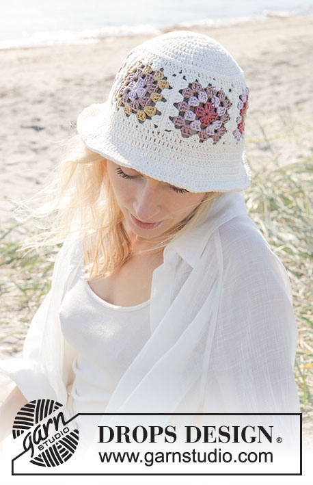 Crowning Rose Hat / DROPS 238-17 - Crocheted hat in DROPS Muskat. The piece is worked with squares. Size: One-size.
