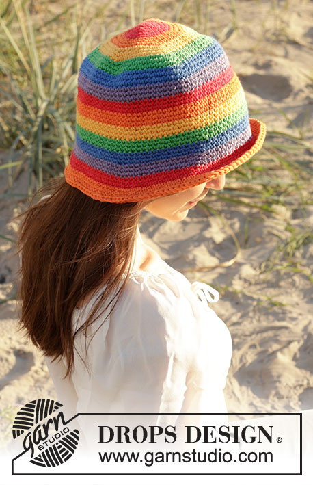 Double Rainbow Hat / DROPS 238-20 - Crocheted hat in DROPS Paris. The piece is worked in the round, top down, with rainbow stripes. Sizes S - XL.