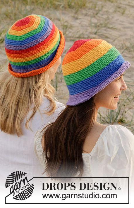Double Rainbow Hat / DROPS 238-20 - DROPS Paris lõngast ringselt ülevalt alla heegeldatud vikerkaare värvidega triipudega kübar suurustele S kuni XL